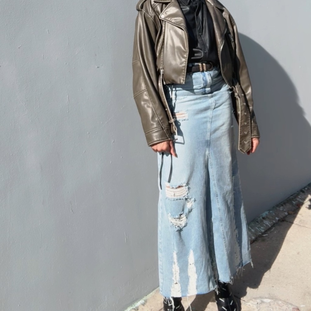 Distressed Denim Maxi Skirt